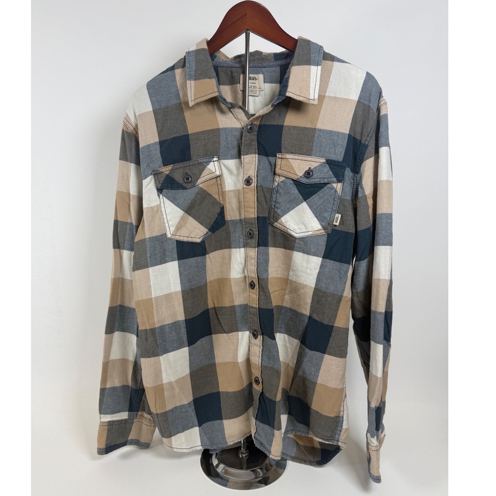 Vans Flannel Shirt Men's XL Tailored Fit Buffalo Plaid Chest Pocket Layering Tan